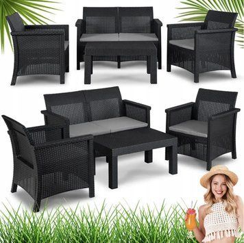 Комплект садових меблів MEBEL ELITE BRENTA (диван, 2 крісла, стіл), техноратанг, чорний ME.BRENTA/CZ/RT/OGR/ZES фото